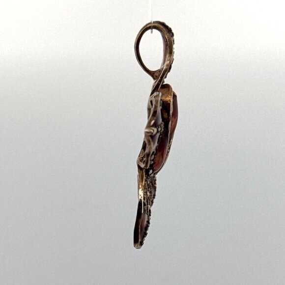 Estate Sterling Silver 925 Orchid Flower Pendant Marcasite Inlay Purple Enamel - Picture 2 of 8